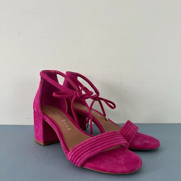 Gianni Bini Rhiaann Ankle Tie Pink Fuchsia Suede Block Heel Sandals - Picture 2 of 8